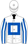 White, royal blue hollow box, striped sleeves