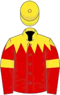 Red, yellow spiked yoke, armlets and cap