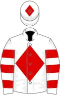 White, red diamond, hooped sleeves, diamond on cap