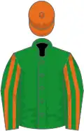 Green, orange striped sleeves, orange cap