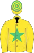 Yellow, emerald green star, hooped cap