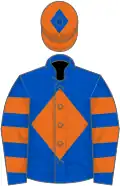 Royal blue, orange diamond, hooped sleeves, orange cap, royal blue diamond