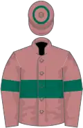 Salmon pink, dark green hoop on body, sleeves and cap