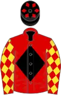 Red, black diamond, red sleeves, yellow diamonds, black cap, red diamonds