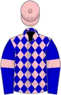 Pink and blue diamonds, blue sleeves, pink armlets, pink cap