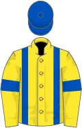 Yellow, royal blue braces and armlets, royal blue cap