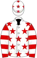 White, red stars, red and white hooped sleeves, white cap, red stars