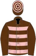 Brown, pink hoops, brown sleeves, hooped cap