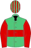 Emerald green, red hoop, red sleeves, striped cap