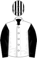 White, black sleeves, striped cap