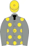 Grey, yellow spots on body, yellow cap