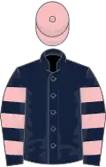 Dark blue, pink hooped sleeves, pink cap