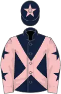 Dark blue, pink cross belts, pink sleeves, dark blue stars, dark blue cap, pink star