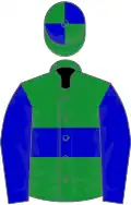 Green, blue hoop and sleeves, quartered cap