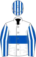 White, royal blue hoop, royal blue and white striped sleeves and cap