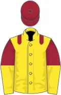 Yellow, maroon epaulets, halved sleeves, maroon cap