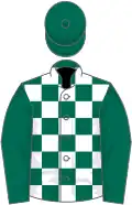 Dark green and white check, dark green sleeves and cap