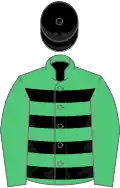 Emerald green and black hoops, emerald green sleeves, black cap