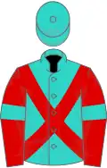 Turquoise, red cross sashes, red sleeves, turquoise armlets, turquoise cap