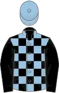 Black and light blue check, black sleeves, light blue cap