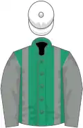 Emerald green, grey braces and sleeves, white cap