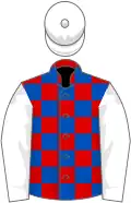 Red and royal blue check, white sleeves and cap