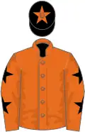 Orange, black stars on sleeves, black cap, orange star