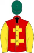 Red, yellow cross of lorraine and sleeves, dark green cap
