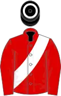 Red, white sash, black cap, white hoop