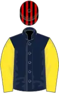 Dark blue, yellow sleeves, red and black striped cap