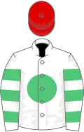 White, emerald green disc, white and emerald green hooped sleeves, red cap