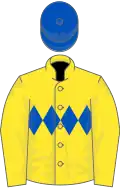 Yellow, royal blue diamond hoop, royal blue sleeves with yellow diamond seam, royal blue cap