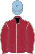 Maroon, beige seams, light blue cap