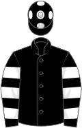 Black, white hooped sleeves, black cap, white spots