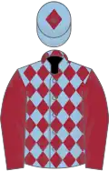 Light blue and maroon diamonds, maroon sleeves, and diamond on cap