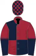 Maroon and dark blue quartered, halved sleeves, checked cap