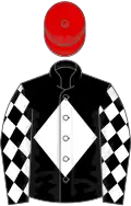 BLACK, white diamond and diamonds on sleeves, red cap
