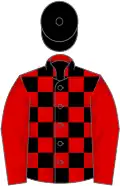 Red, black checked, red sleeves, black cap