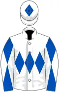 White, royal blue triple diamond, royal blue and white diabolo on sleeves, white cap, royal blue diamond