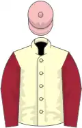 Cream, maroon sleeves, pink cap