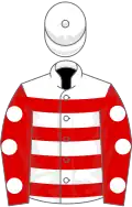 White, red hoops, red sleeves, white spots, white cap