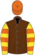 Brown, yellow and orange hooped sleeves, orange cap
