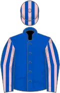 Royal blue, pink striped sleeves, striped cap