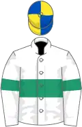 White, emerald green hoop, emerald green armlet, royal blue and yellow quartered cap