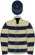 Beige, dark blue hoops, dark blue and beige hooped sleeves, dark blue cap