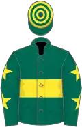 Dark green, yellow hoop, dark green sleeves, yellow stars, hooped cap