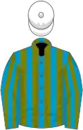 Turquoise blue and olive green stripes, white cap