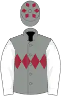 Grey, maroon triple diamond, white sleeves, grey cap, maroon diamonds