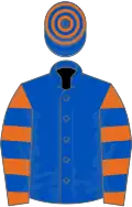 Royal blue, orange and royal blue hooped sleeves, royal blue and orange hooped cap