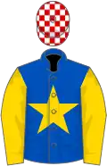 Royal blue, gold star and sleeves, red and white check cap
